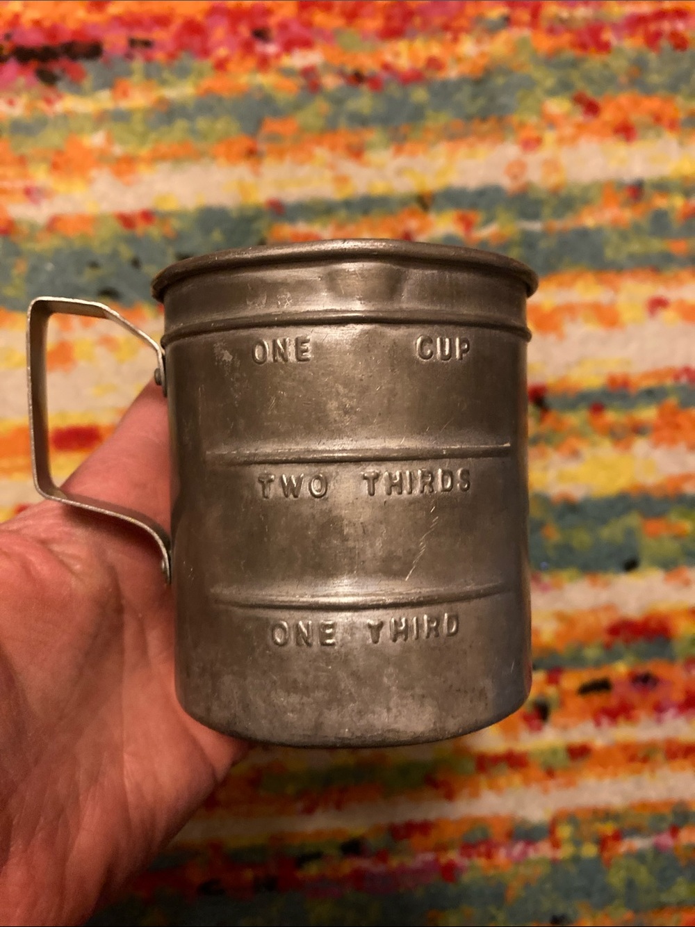 Vintage Metal Measuring Cup with Handle - Stamped Measurements
